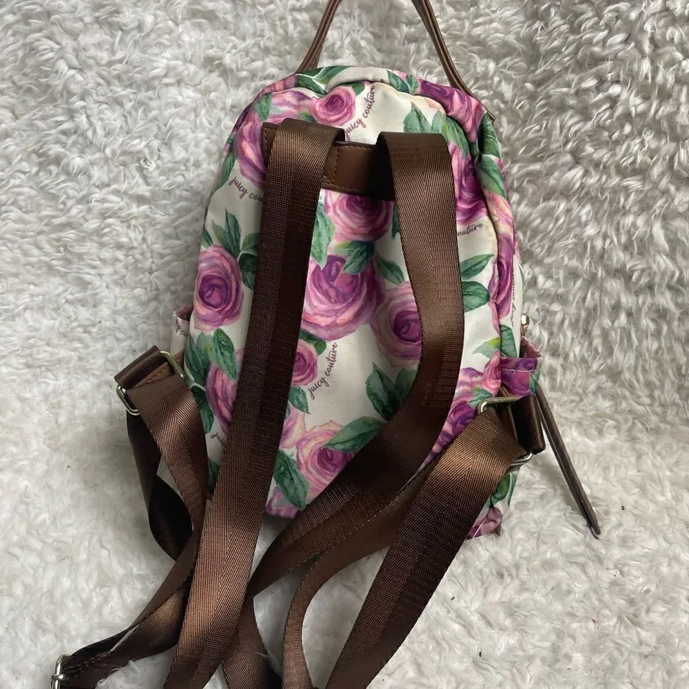 Juicy Couture Nylon mauve roses and green leaf prints mini backpack brown trims.